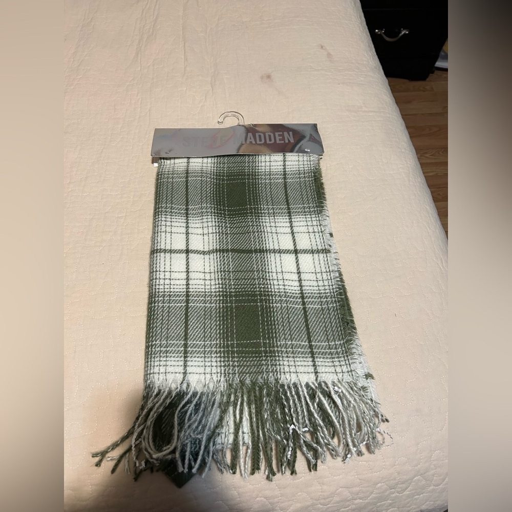 Steve Madden Olive and White Plaid Scarf
